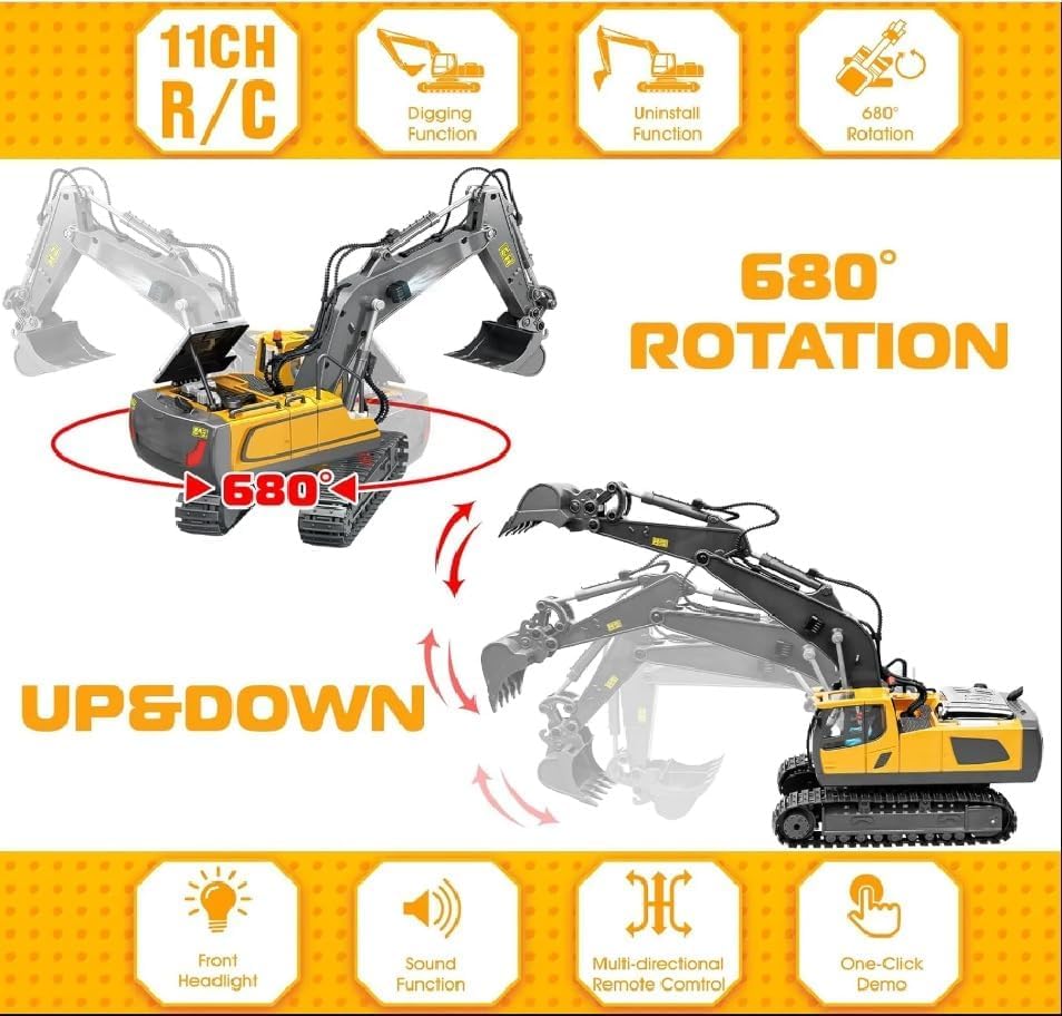 Droxmax 1:20 RC Excavator Toy for Boys 6-12, Remote Construction Truck with Metal Shovel, Lights, Sounds & 680° Rotation