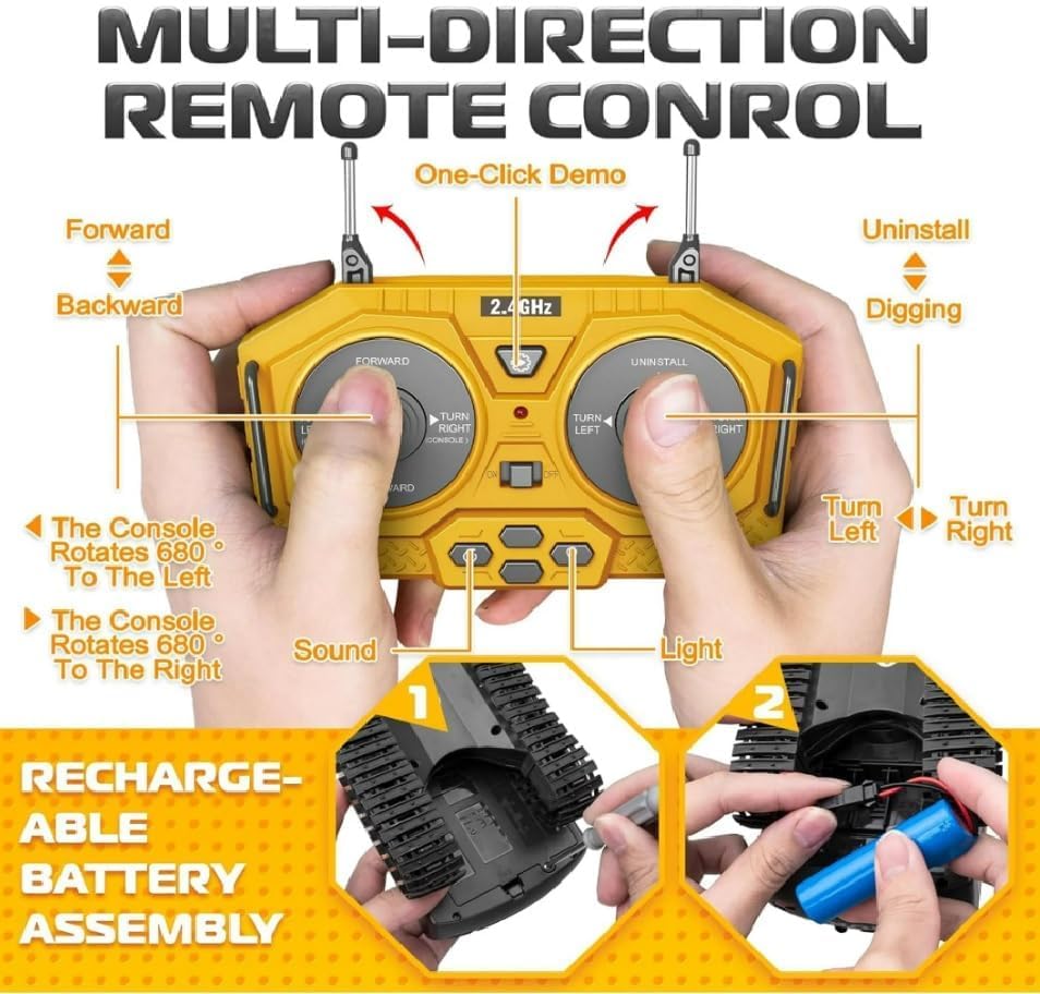 Droxmax 1:20 RC Excavator Toy for Boys 6-12, Remote Construction Truck with Metal Shovel, Lights, Sounds & 680° Rotation
