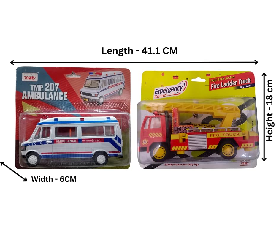 Bizoo Combo of Pull-Back Ambulance, Traveler Van & Fire Ladder Truck Toys – Mini Vehicle Set Gift for Kids