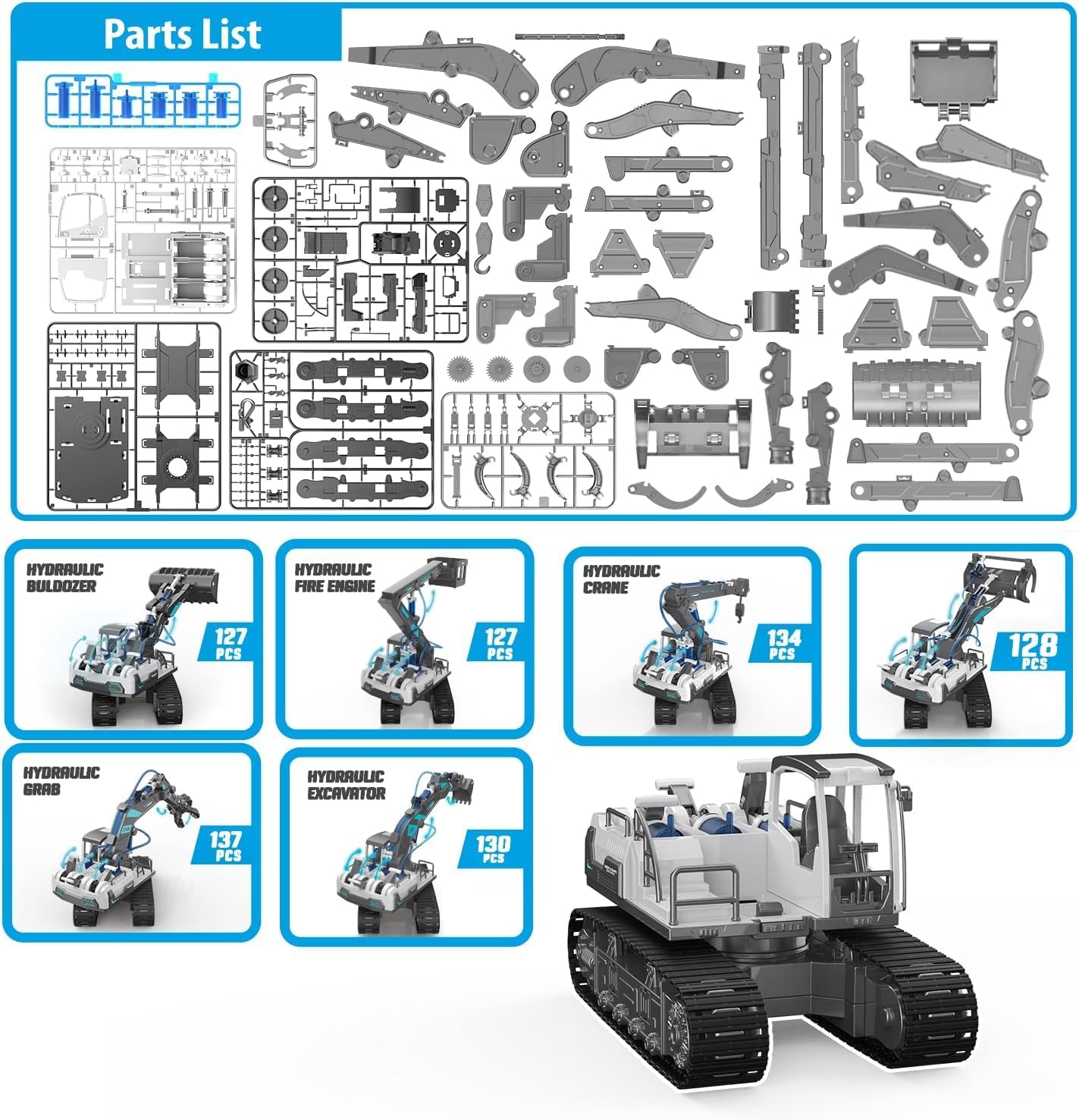Mechtrove 6-in-1 DIY STEM & Steam Hydraulic Engineering Loader Vehicle Kit – Construction Blocks Toy Set for Kids