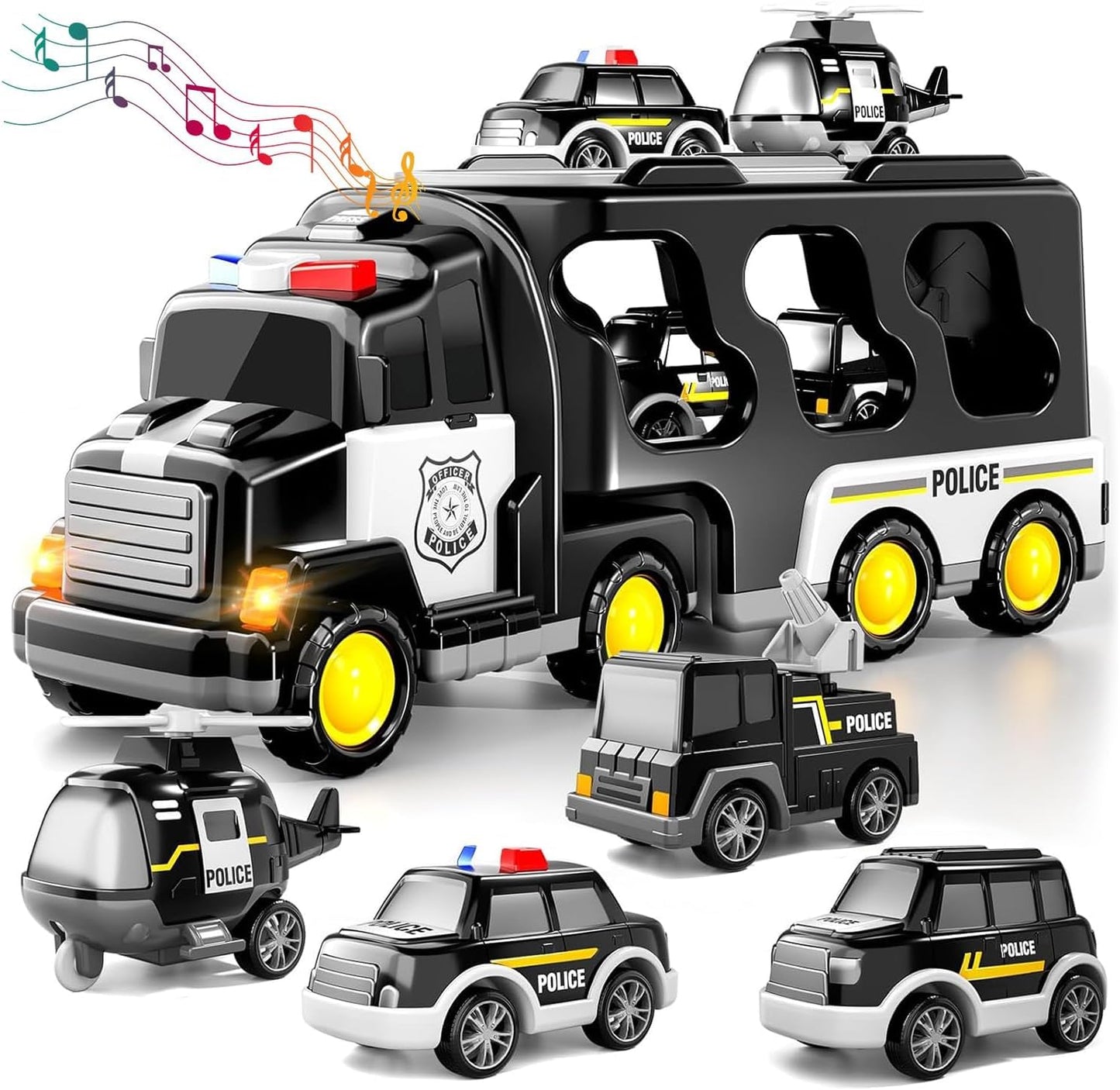 Toyverra 5-in-1 Friction-Powered Police Truck Set with Music β Montessori-Inspired Carrier Vehicle Toy for Kids