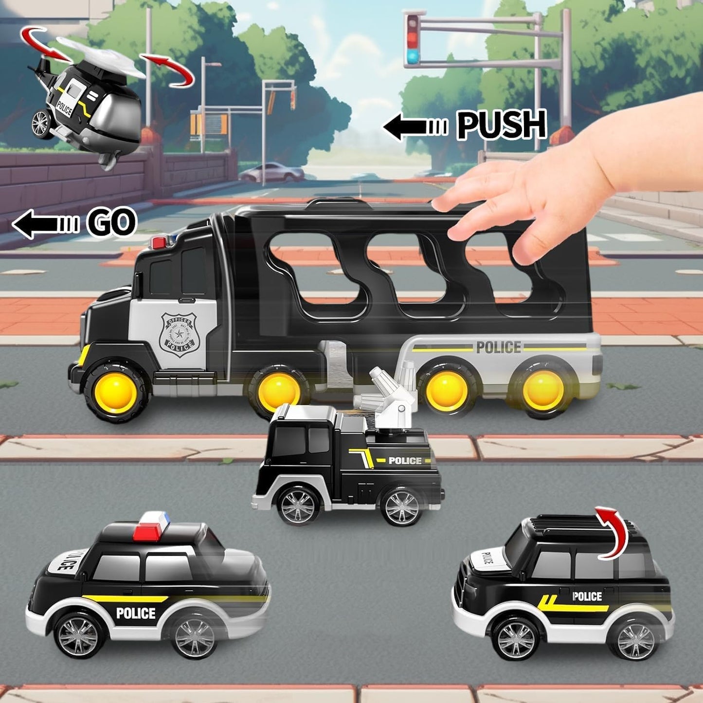 Toyverra 5-in-1 Friction-Powered Police Truck Set with Music β Montessori-Inspired Carrier Vehicle Toy for Kids