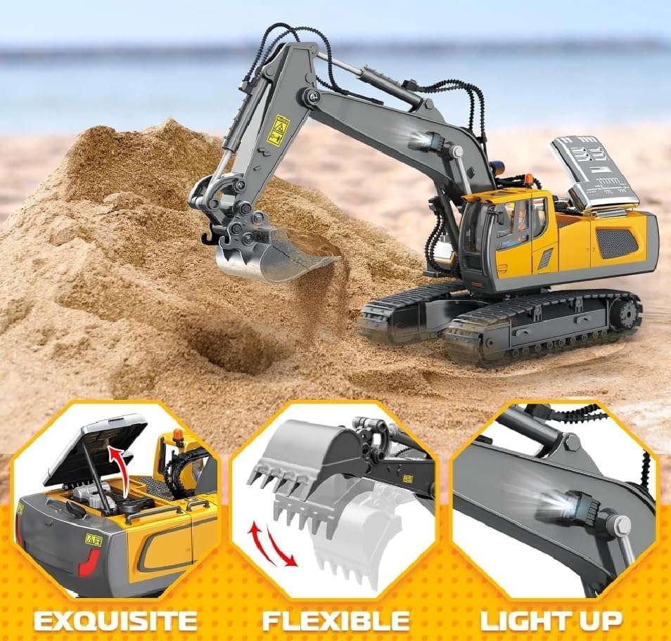 Droxmax 1:20 RC Excavator Toy for Boys 6-12, Remote Construction Truck with Metal Shovel, Lights, Sounds & 680° Rotation