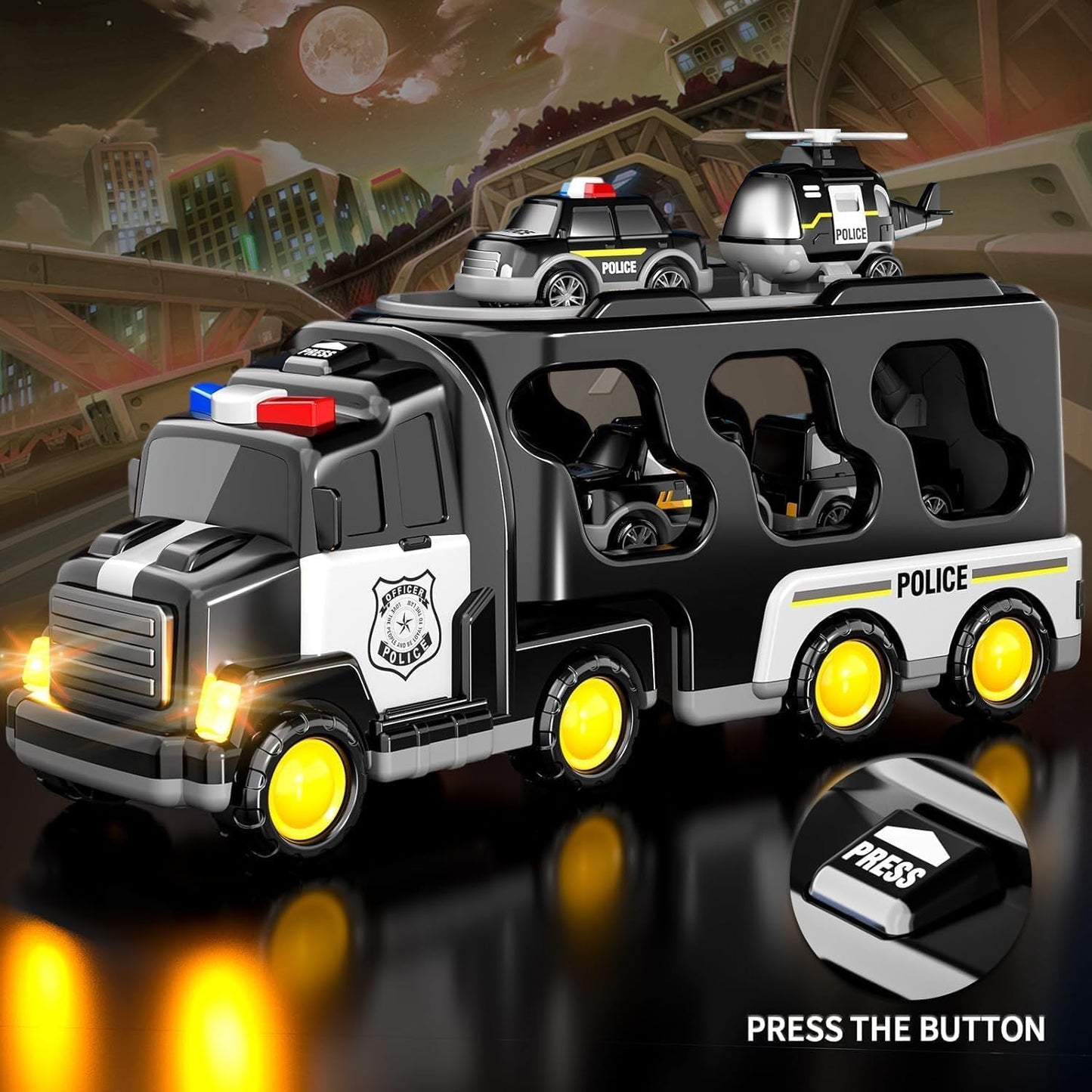 Toyverra 5-in-1 Friction-Powered Police Truck Set with Music β Montessori-Inspired Carrier Vehicle Toy for Kids