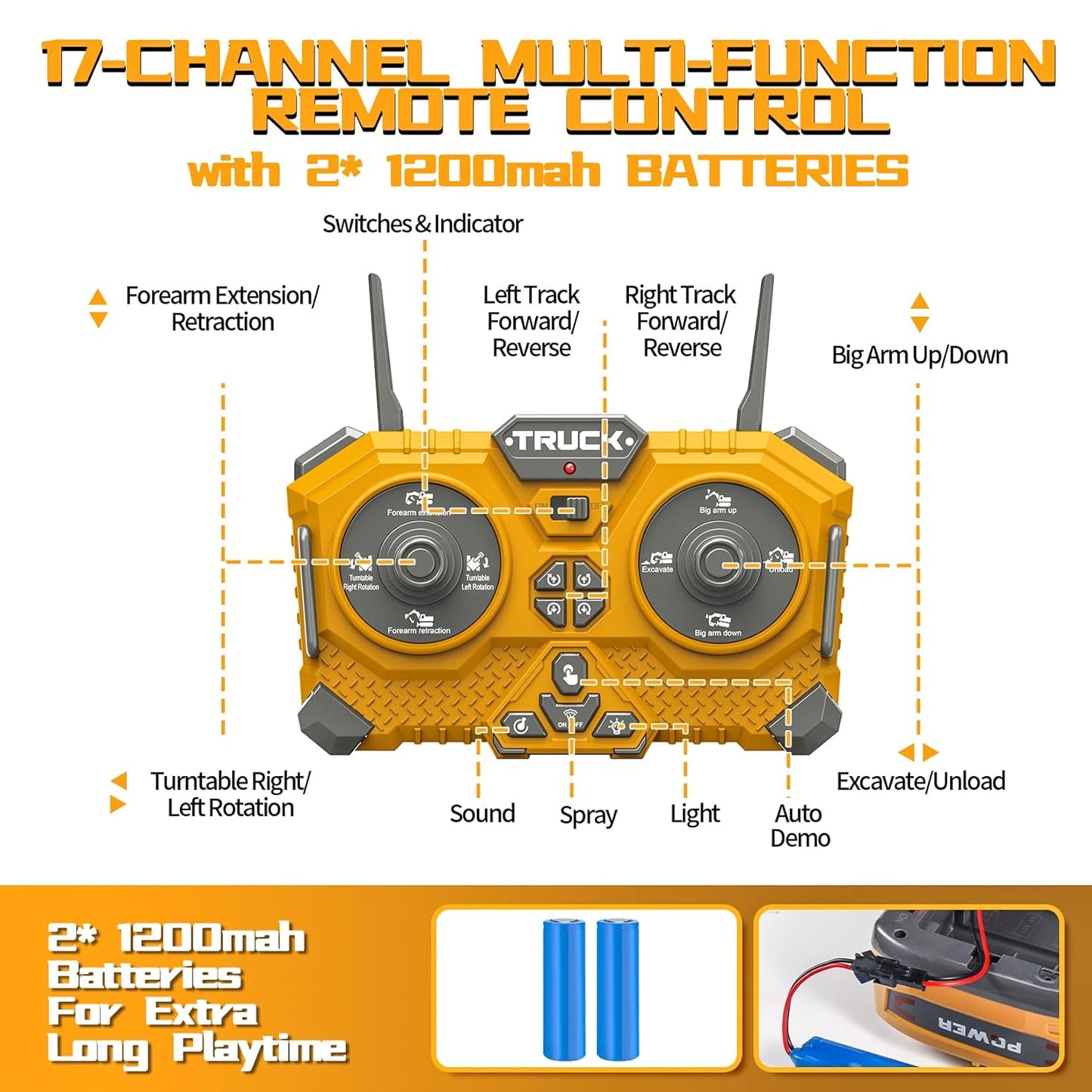 BENTRIG 17-Channel RC Excavator Toy with Metal Shovel, Spray, Lights & Sounds – 2400mAh Remote Control Bulldozer for Kids (2.4GHz)