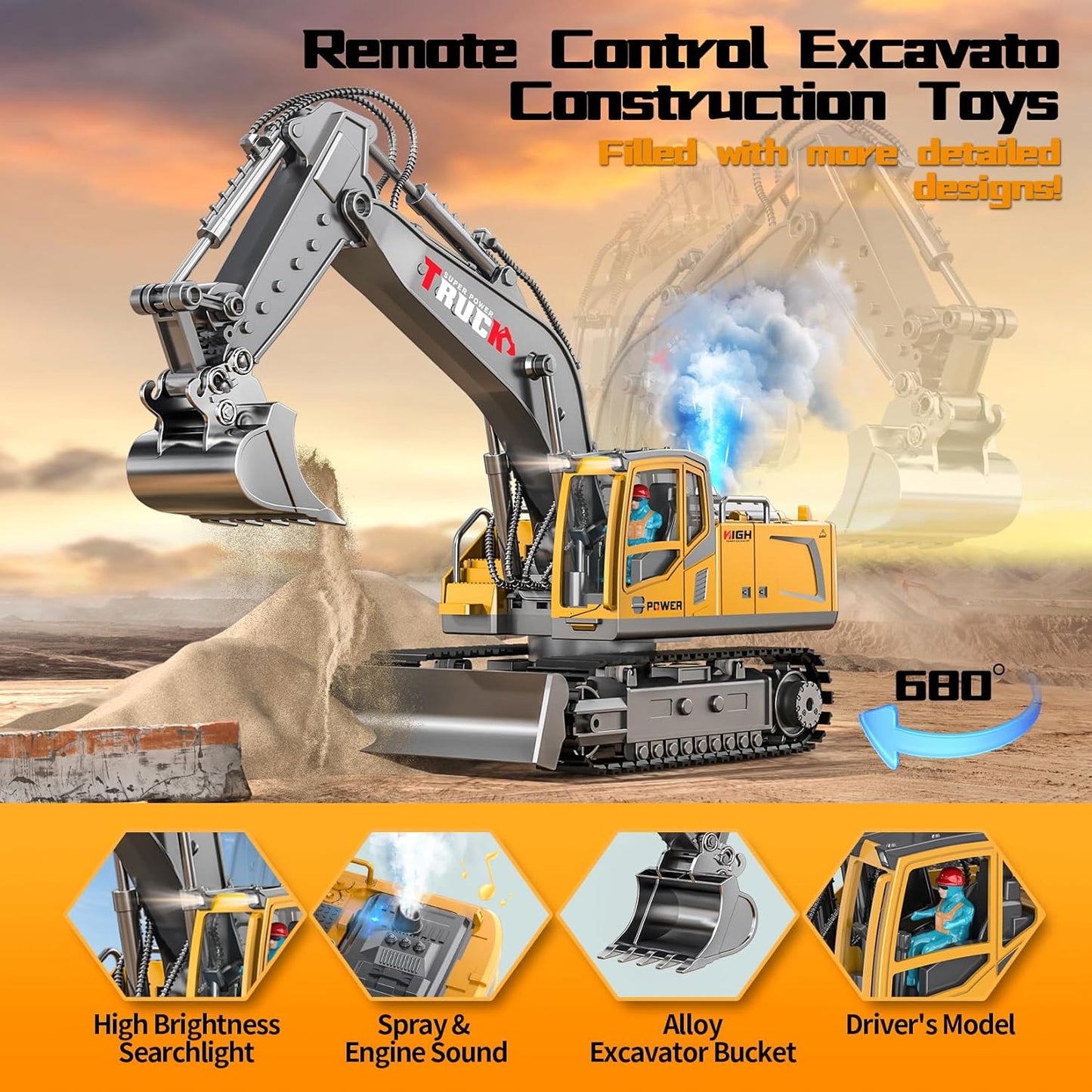 BENTRIG 17-Channel RC Excavator Toy with Metal Shovel, Spray, Lights & Sounds – 2400mAh Remote Control Bulldozer for Kids (2.4GHz)
