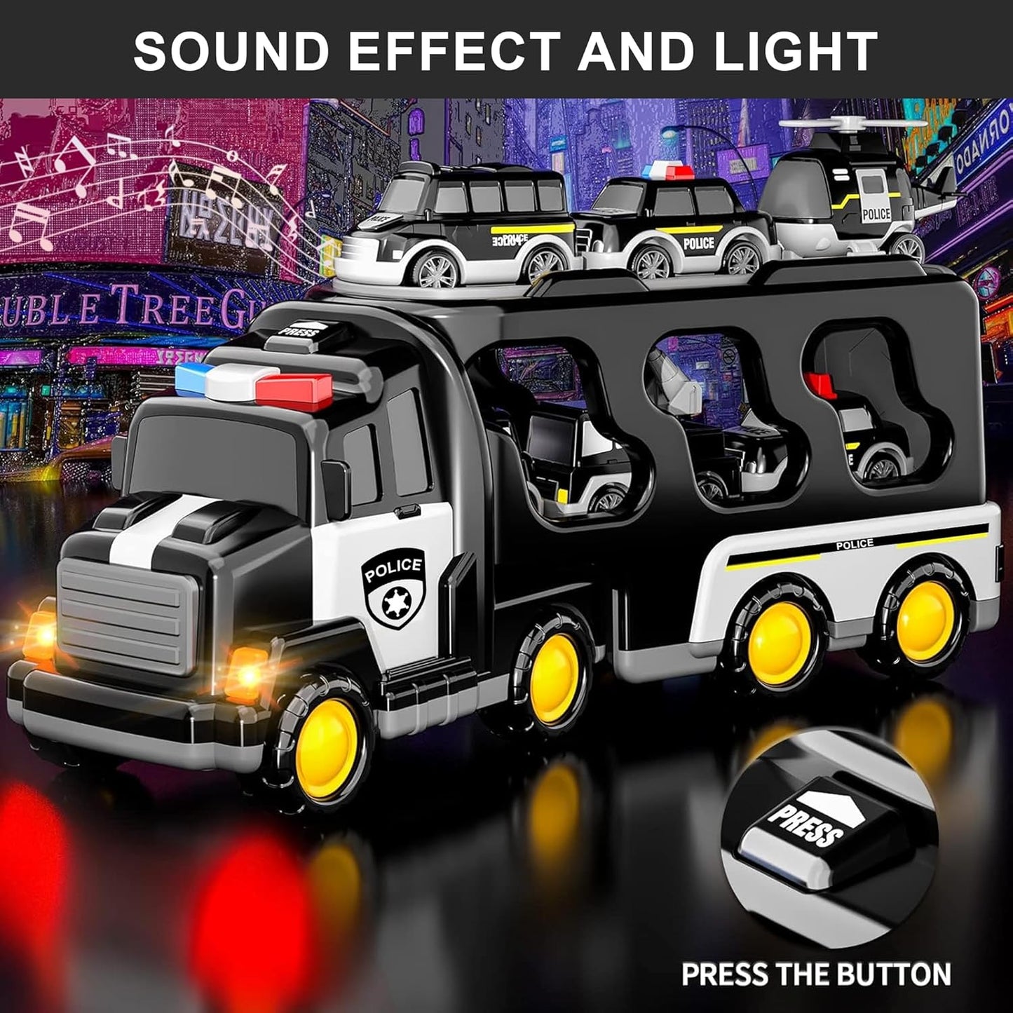 Toyverra 5-in-1 Friction-Powered Police Truck Set with Music β Montessori-Inspired Carrier Vehicle Toy for Kids