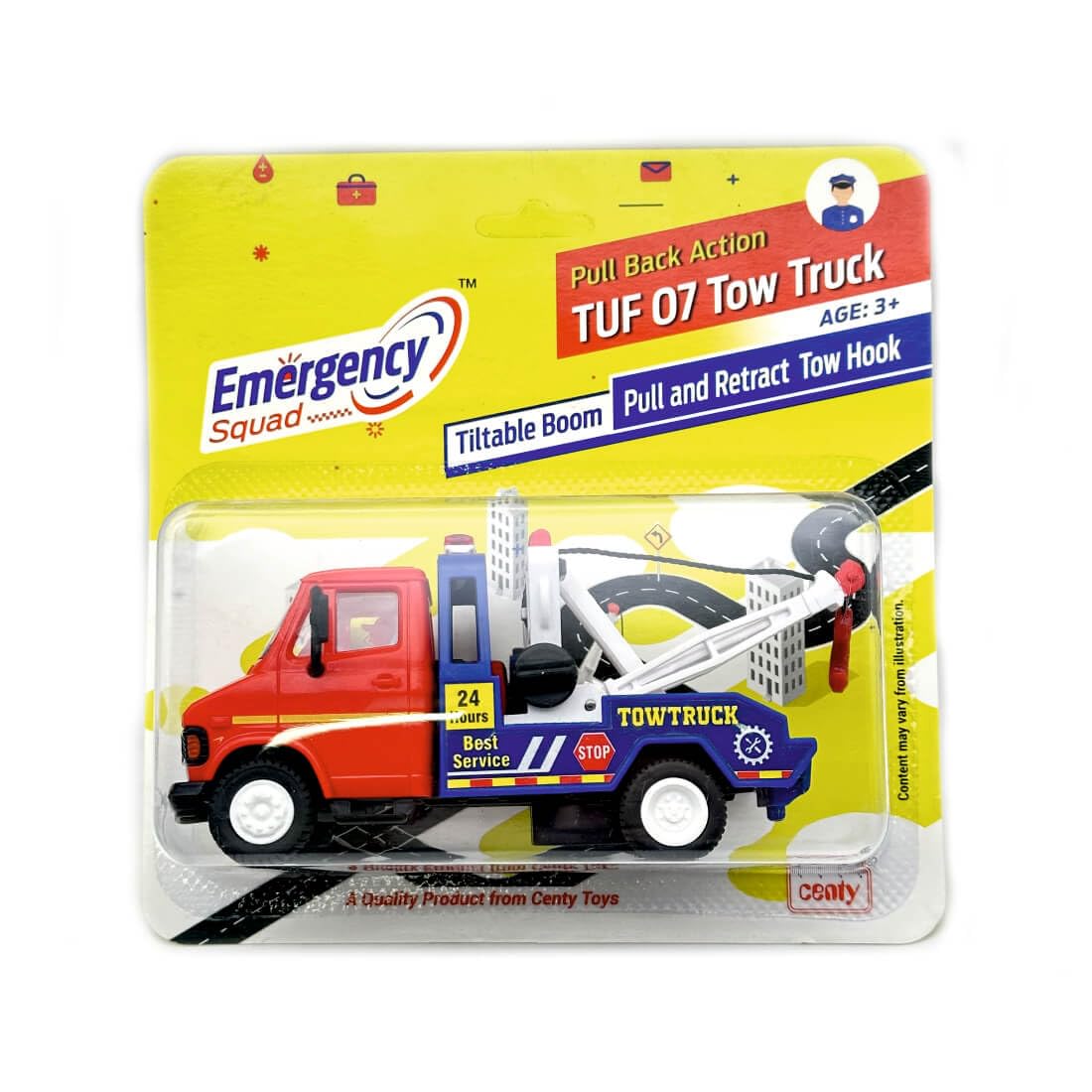 Bizoo TUF 07 Friction-Powered Tow Truck Toy with Tiltable Boom & Retractable Hook | Durable Mini Model Vehicle for Kids