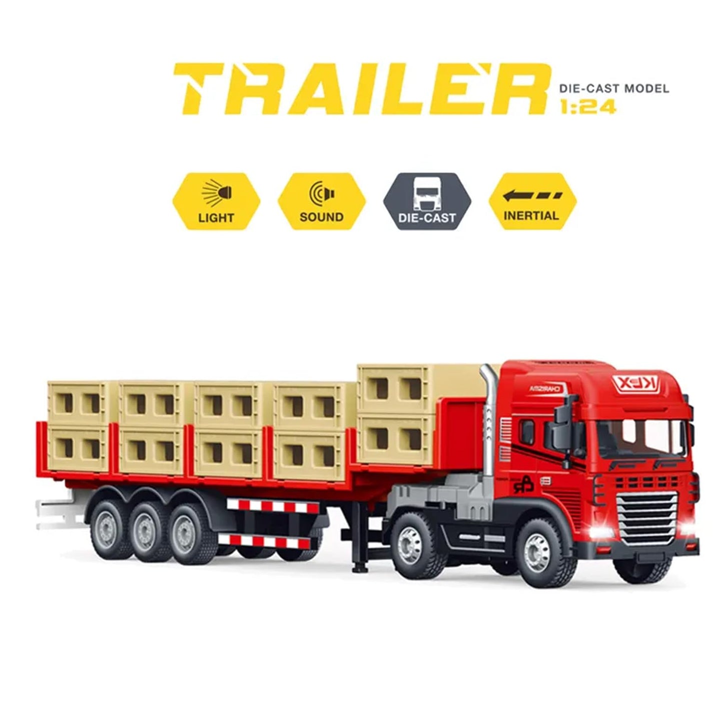 PROmino 1:24 Diecast Alloy Transport Truck Toy with Boxes, Lights & Sounds – Friction-Powered Trailer for Kids