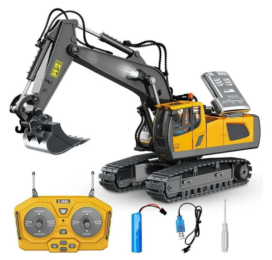Droxmax 1:20 RC Excavator Toy for Boys 6-12, Remote Construction Truck with Metal Shovel, Lights, Sounds & 680° Rotation