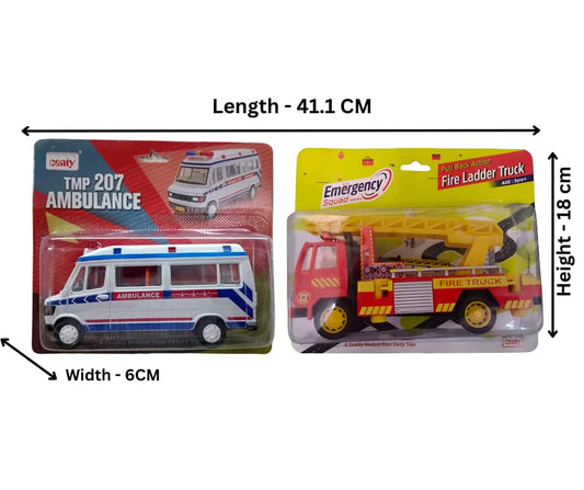 Bizoo Combo of Pull-Back Ambulance, Traveler Van & Fire Ladder Truck Toys – Mini Vehicle Set Gift for Kids