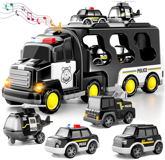 Toyverra 5-in-1 Friction-Powered Police Truck Set with Music – Montessori-Inspired Carrier Vehicle Toy for Kids