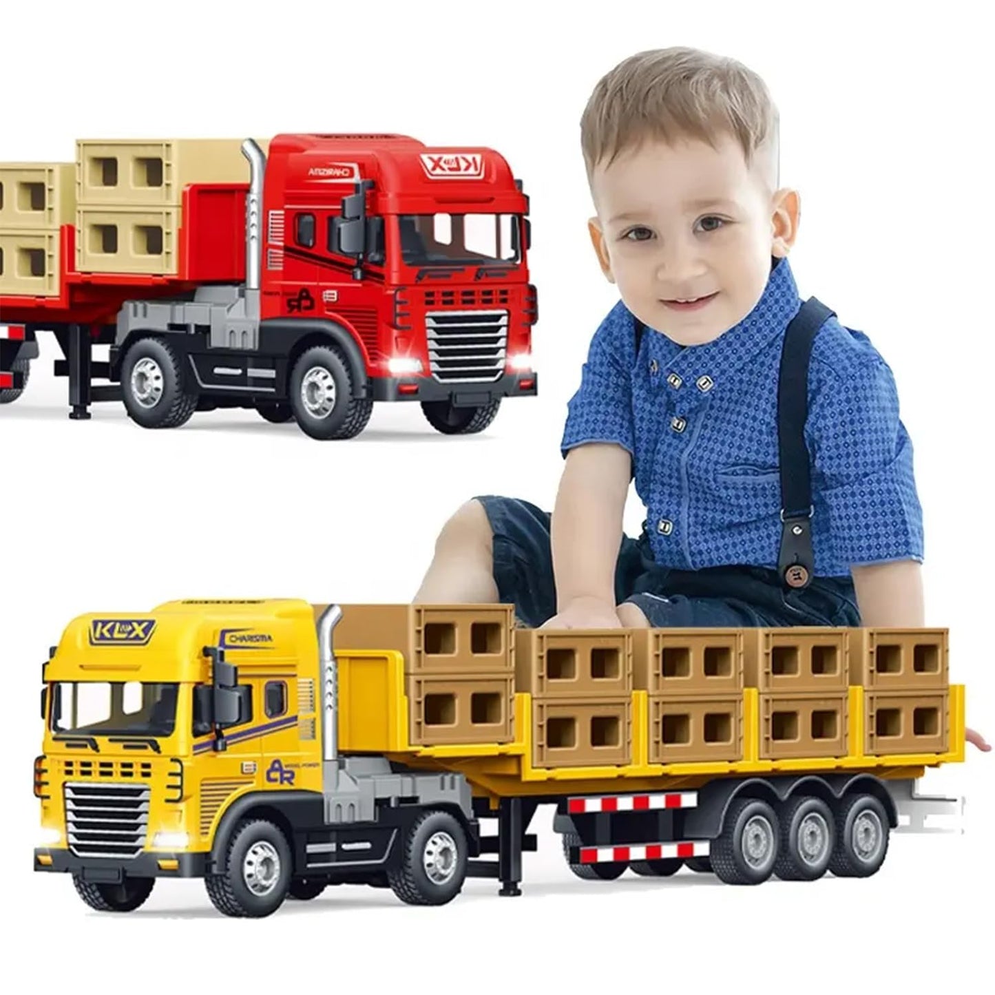 PROmino 1:24 Diecast Alloy Transport Truck Toy with Boxes, Lights & Sounds – Friction-Powered Trailer for Kids