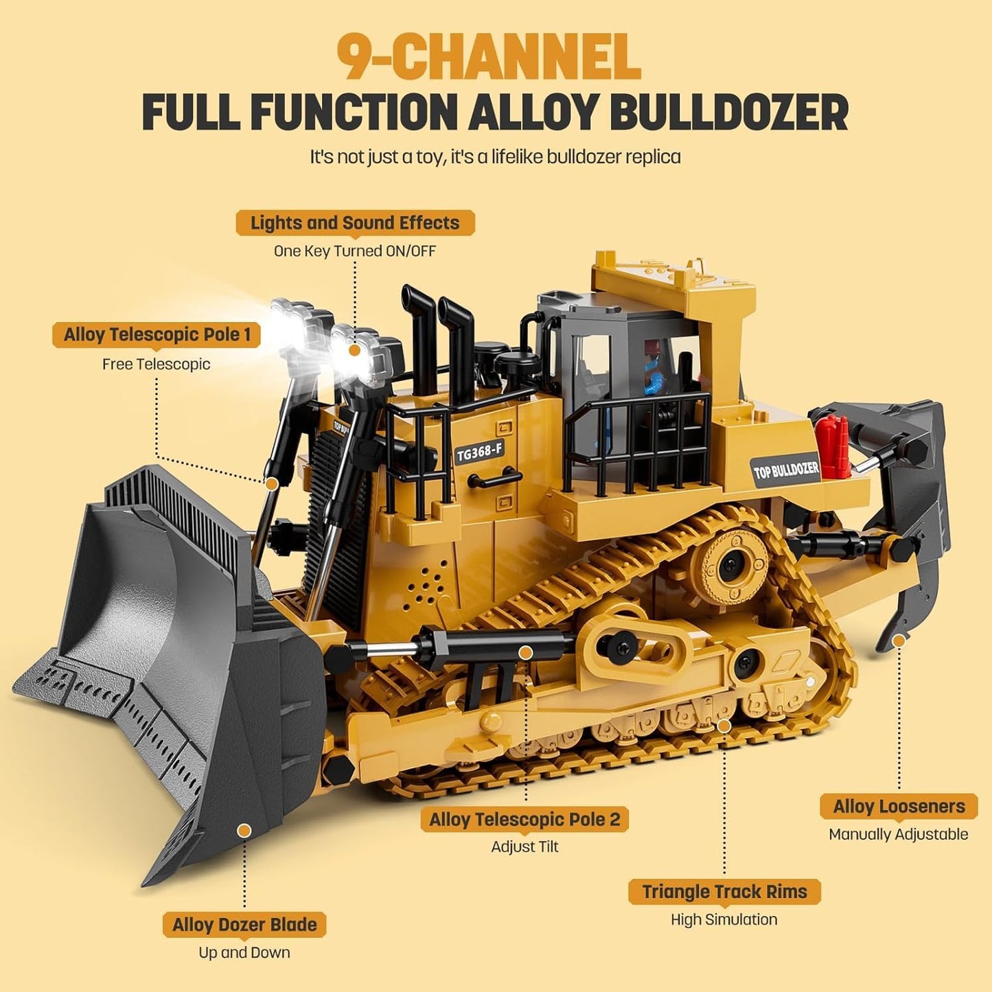 DUFRTOY 1:24 Scale 9CH Alloy RC Bulldozer Toy – Metal Loader Vehicle with 2.4GHz Remote, Lights & Realistic Sounds for Kids