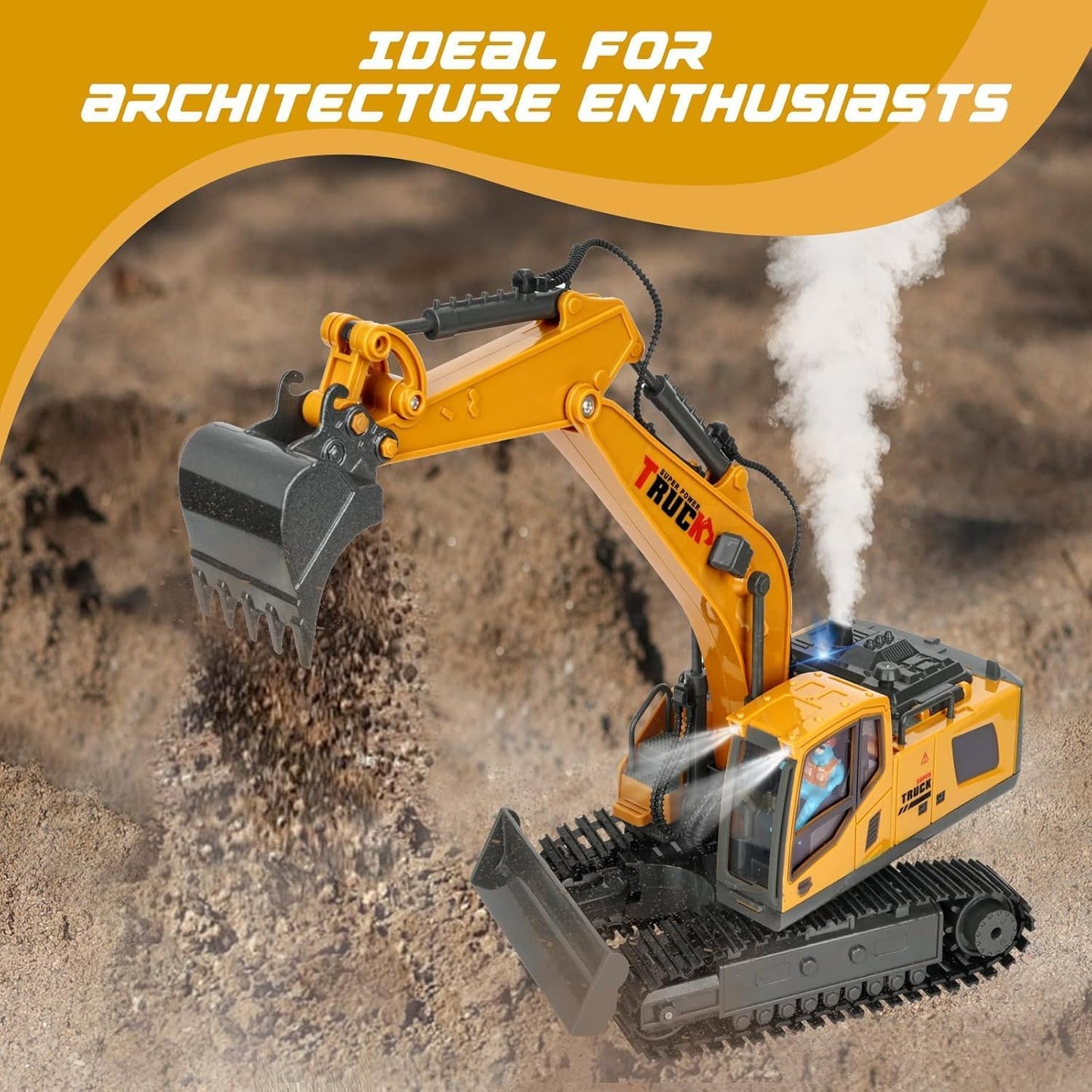 NAUKIDS 1/43 Scale Remote Control Excavator Toy, 2.4GHz RC Construction Vehicle with Smoke, Sound, Lights & 680° Rotation, 15-Channel RC Tractor Truck for Kids
