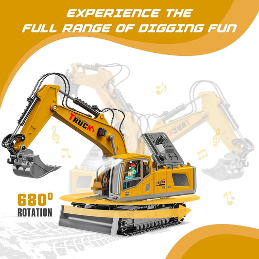 NAUKIDS 1/43 Scale Remote Control Excavator Toy, 2.4GHz RC Construction Vehicle with Smoke, Sound, Lights & 680° Rotation, 15-Channel RC Tractor Truck for Kids