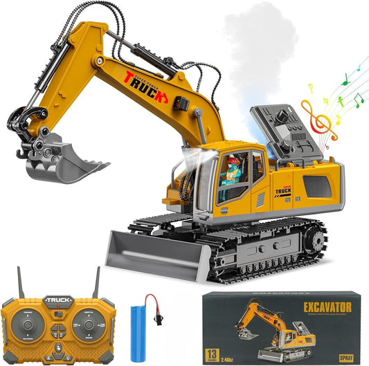 NAUKIDS 1/43 Scale Remote Control Excavator Toy, 2.4GHz RC Construction Vehicle with Smoke, Sound, Lights & 680° Rotation, 15-Channel RC Tractor Truck for Kids