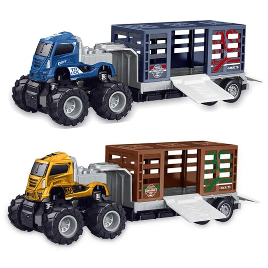 4WD Diecast Alloy Animal Transport Truck Friction Inertia Big Toy Vehicle Miniature Car for Kids (Random Color - Pack of 1)