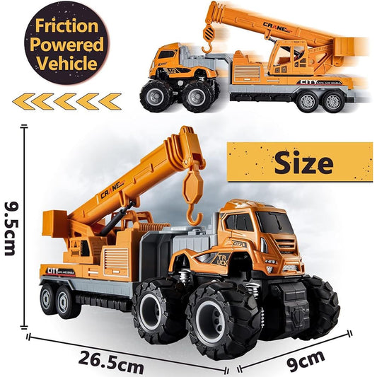 CORLEON Metal Head Construction Truck Toys Set – Friction Powered Excavator, Bulldozer & Crane Engineering Vehicles for Kids