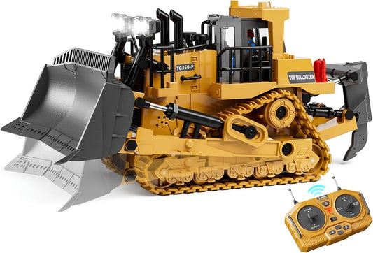 DUFRTOY 1:24 Scale 9CH Alloy RC Bulldozer Toy – Metal Loader Vehicle with 2.4GHz Remote, Lights & Realistic Sounds for Kids