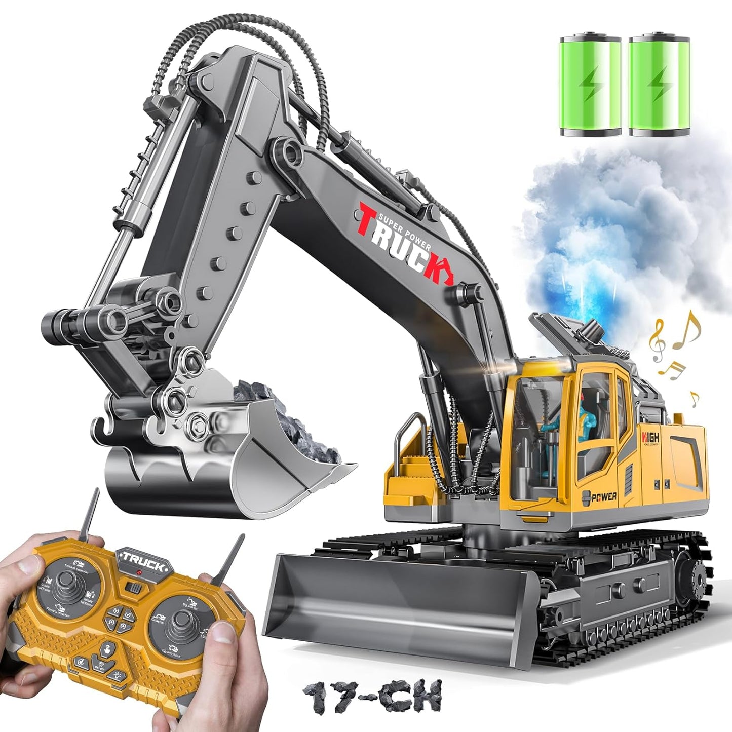 BENTRIG 17-Channel RC Excavator Toy with Metal Shovel, Spray, Lights & Sounds – 2400mAh Remote Control Bulldozer for Kids (2.4GHz)