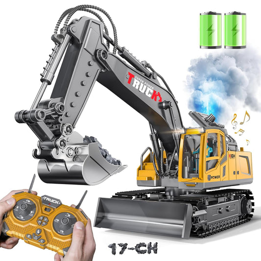 BENTRIG 17-Channel RC Excavator Toy with Metal Shovel, Spray, Lights & Sounds – 2400mAh Remote Control Bulldozer for Kids (2.4GHz)