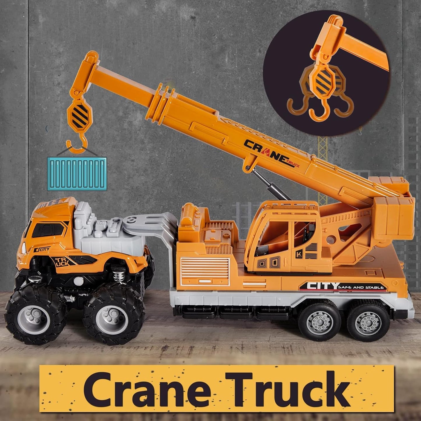 CORLEON Metal Excavator & Crane Truck Toy – Friction Powered Bulldozer Model Construction Vehicle for Kids Engineering Play