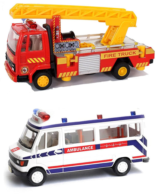 Bizoo Combo of Pull-Back Ambulance, Traveler Van & Fire Ladder Truck Toys – Mini Vehicle Set Gift for Kids