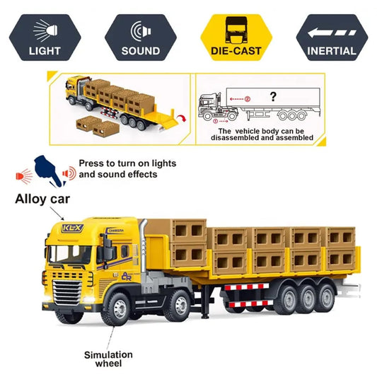 PROmino 1:24 Diecast Alloy Transport Truck Toy with Boxes, Lights & Sounds – Friction-Powered Trailer for Kids