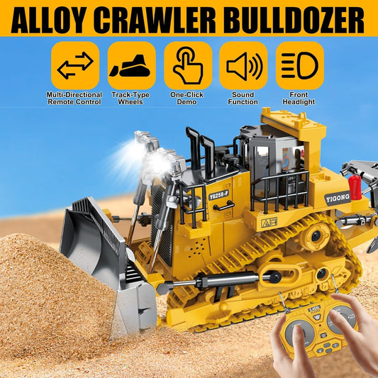 DUFRTOY 1:24 Scale 9CH Alloy RC Bulldozer Toy – Metal Loader Vehicle with 2.4GHz Remote, Lights & Realistic Sounds for Kids