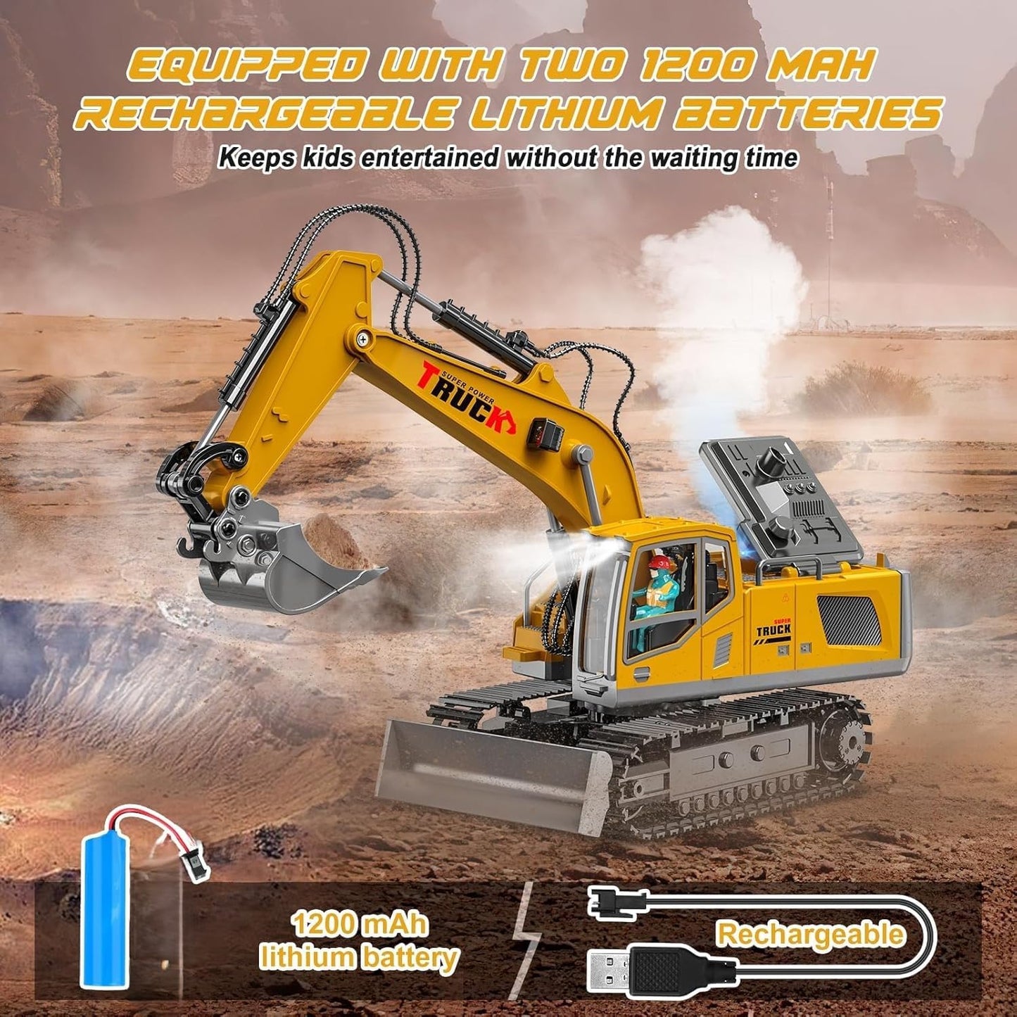 NAUKIDS 1/43 Scale Remote Control Excavator Toy, 2.4GHz RC Construction Vehicle with Smoke, Sound, Lights & 680° Rotation, 15-Channel RC Tractor Truck for Kids