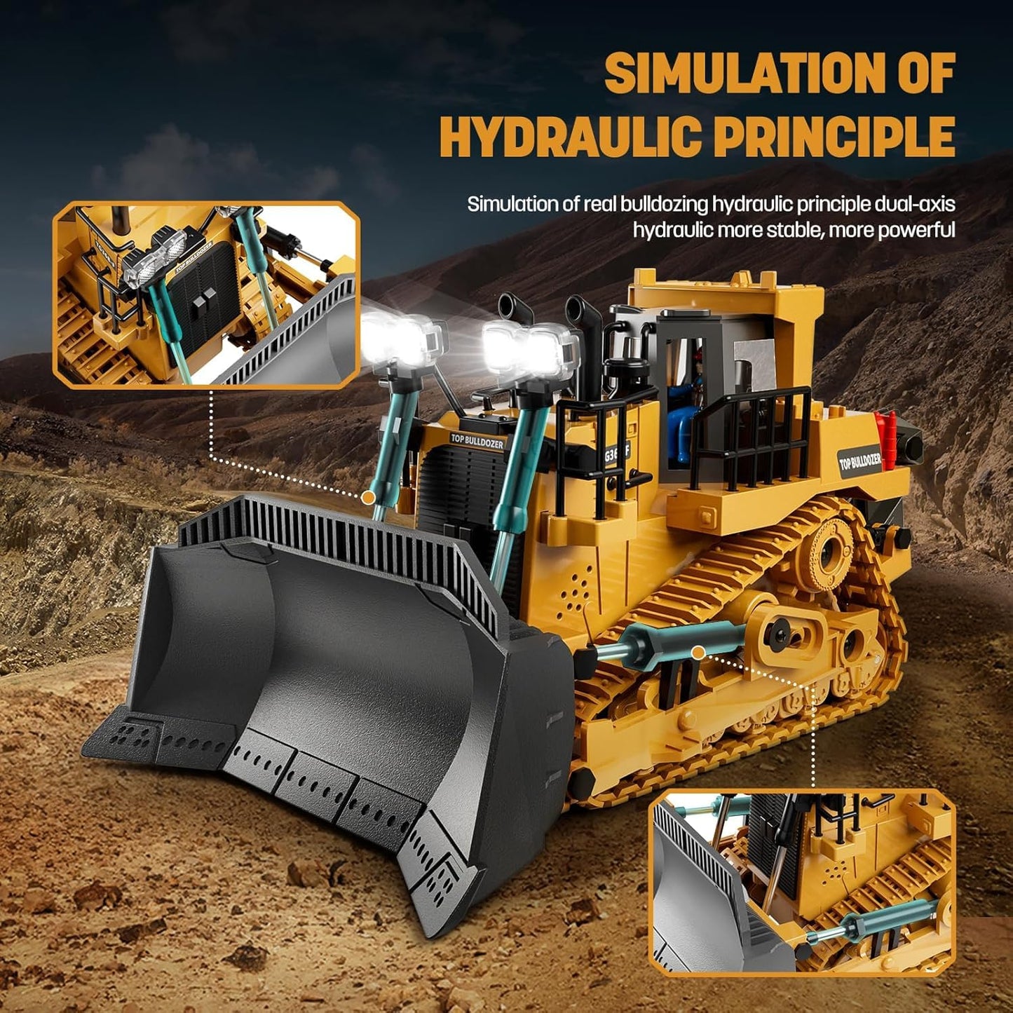DUFRTOY 1:24 Scale 9CH Alloy RC Bulldozer Toy – Metal Loader Vehicle with 2.4GHz Remote, Lights & Realistic Sounds for Kids