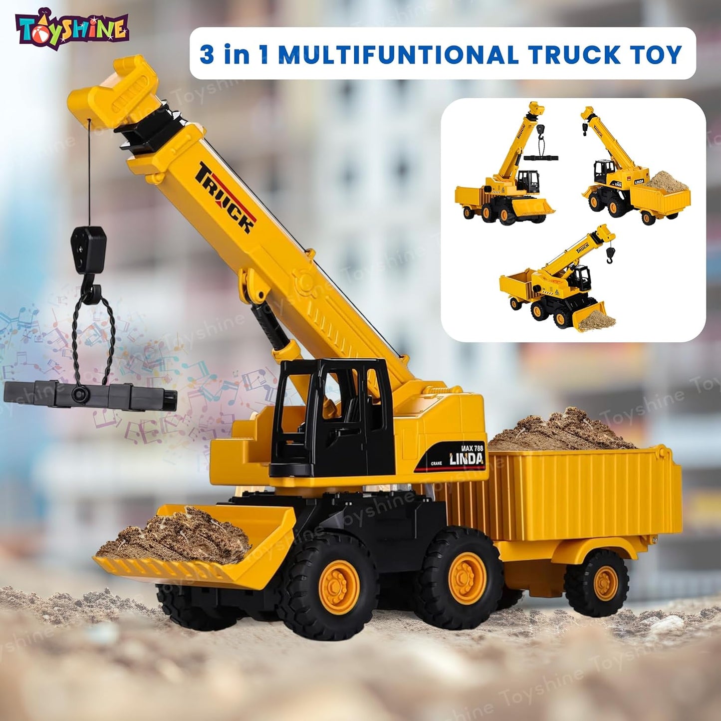 Toyzora 3-in-1 DIY Construction Vehicle Set with Music – Dump Truck, Crane & Bulldozer for Toddlers Ages 3+ Imaginative Play