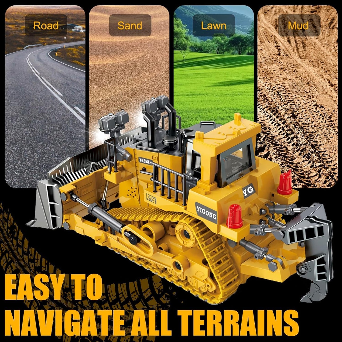 DUFRTOY 1:24 Scale 9CH Alloy RC Bulldozer Toy – Metal Loader Vehicle with 2.4GHz Remote, Lights & Realistic Sounds for Kids
