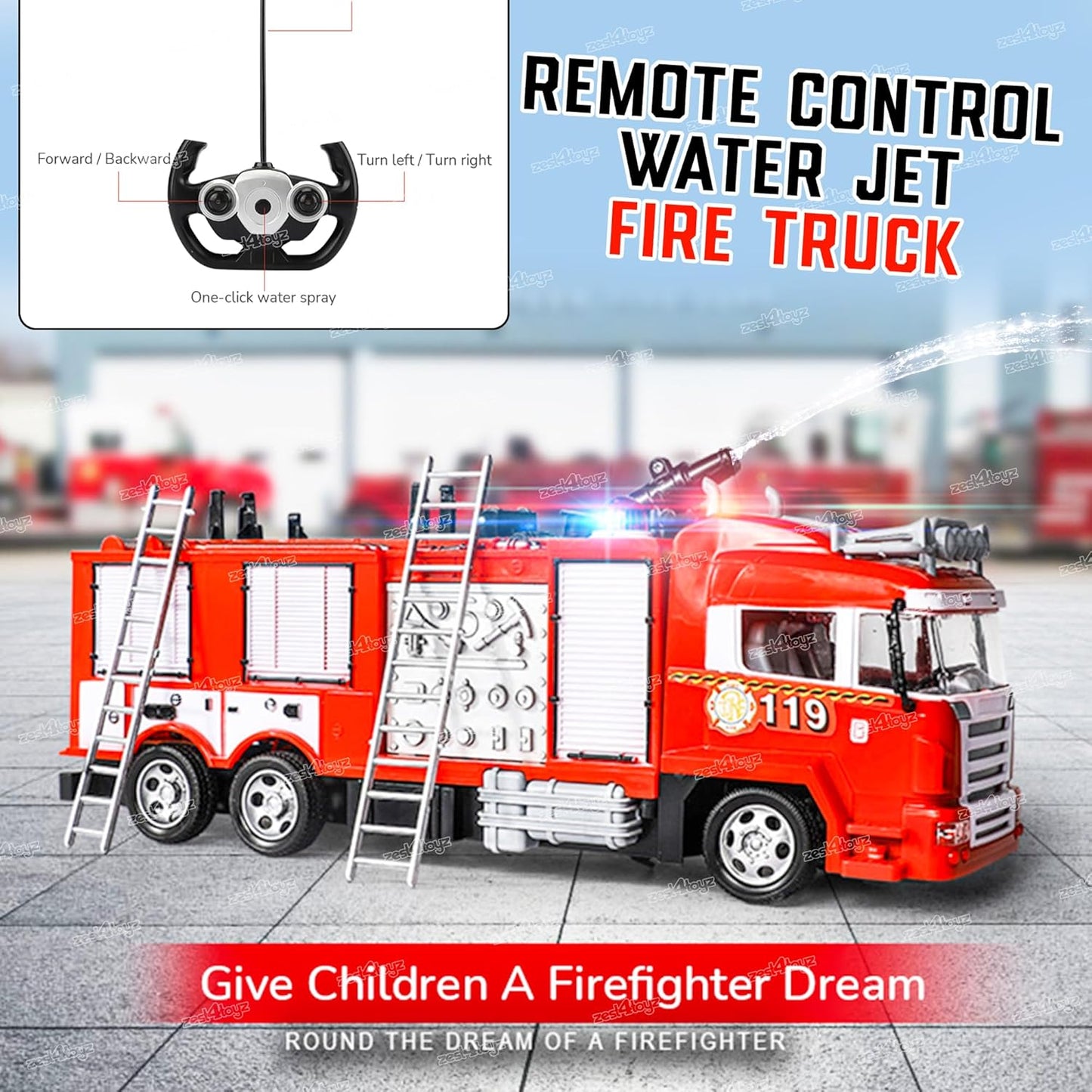 ZIGZAG Toyz Remote Control Fire Rescue Truck for Kids with Smoke Mist Spray & Water Jet Function | Realistic RC Fire Brigade Toy