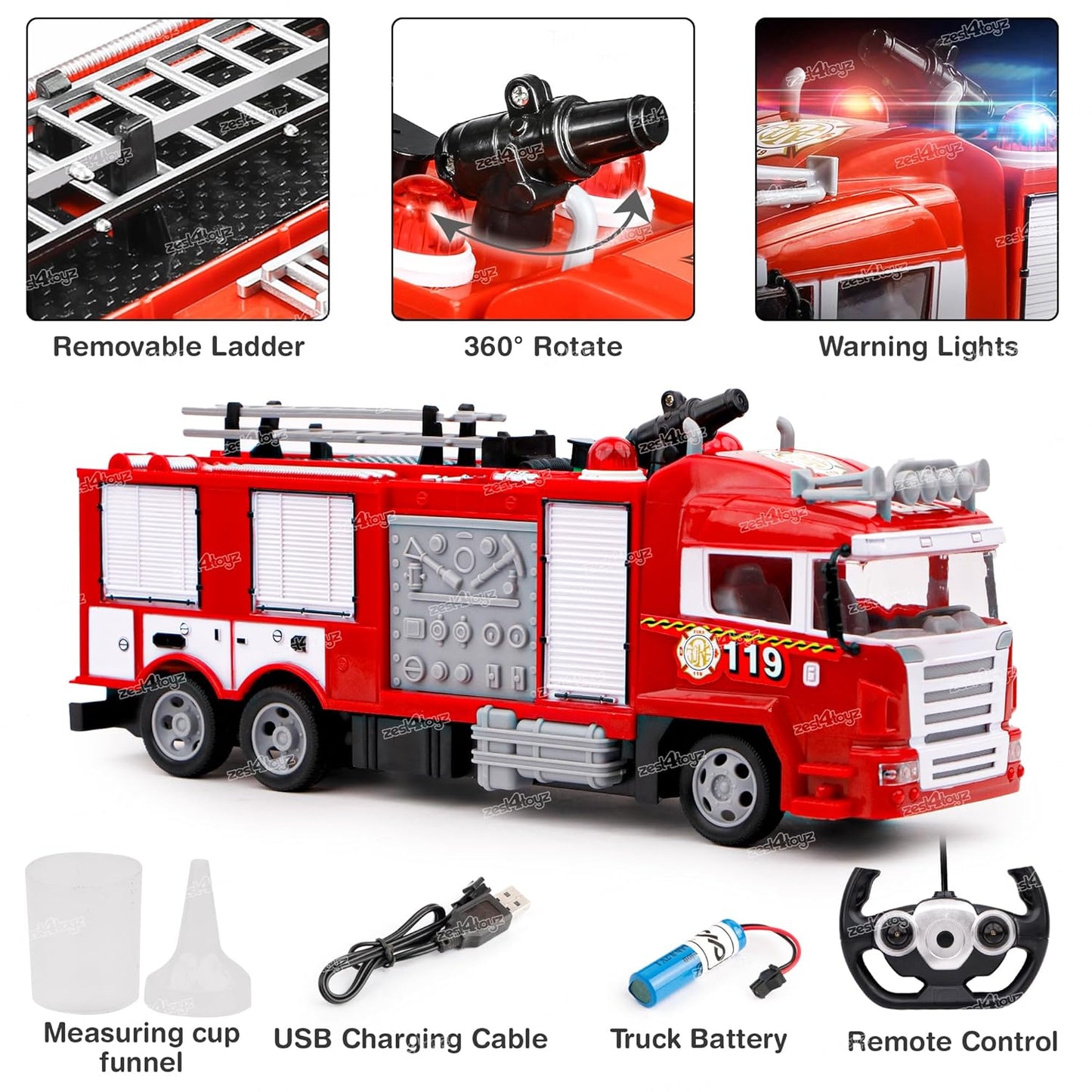 ZIGZAG Toyz Remote Control Fire Rescue Truck for Kids with Smoke Mist Spray & Water Jet Function | Realistic RC Fire Brigade Toy